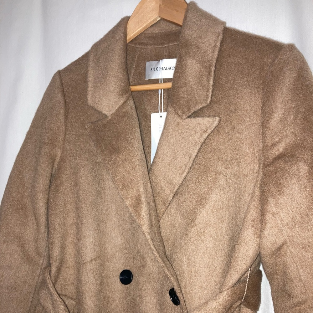 NWT Silk Maison Double-Breasted Camel Hair Maxi Trench Coat In Tan Sz Large - Picture 7 of 15